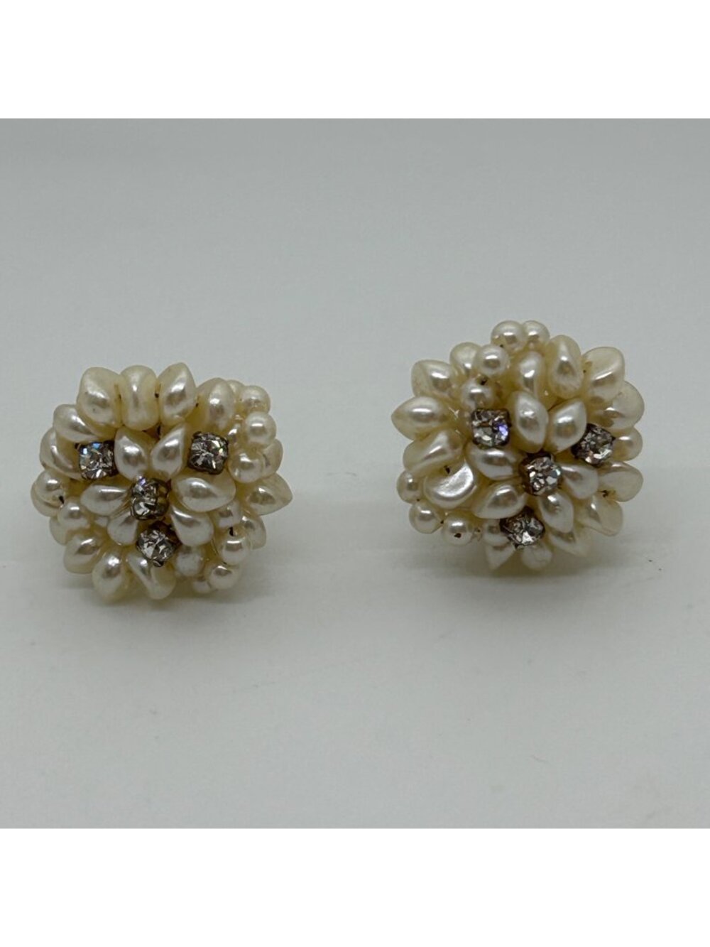 Faux Pearl Cluster Clip-On Earrings Clear Rhinestone Domed Button Flower Vintage